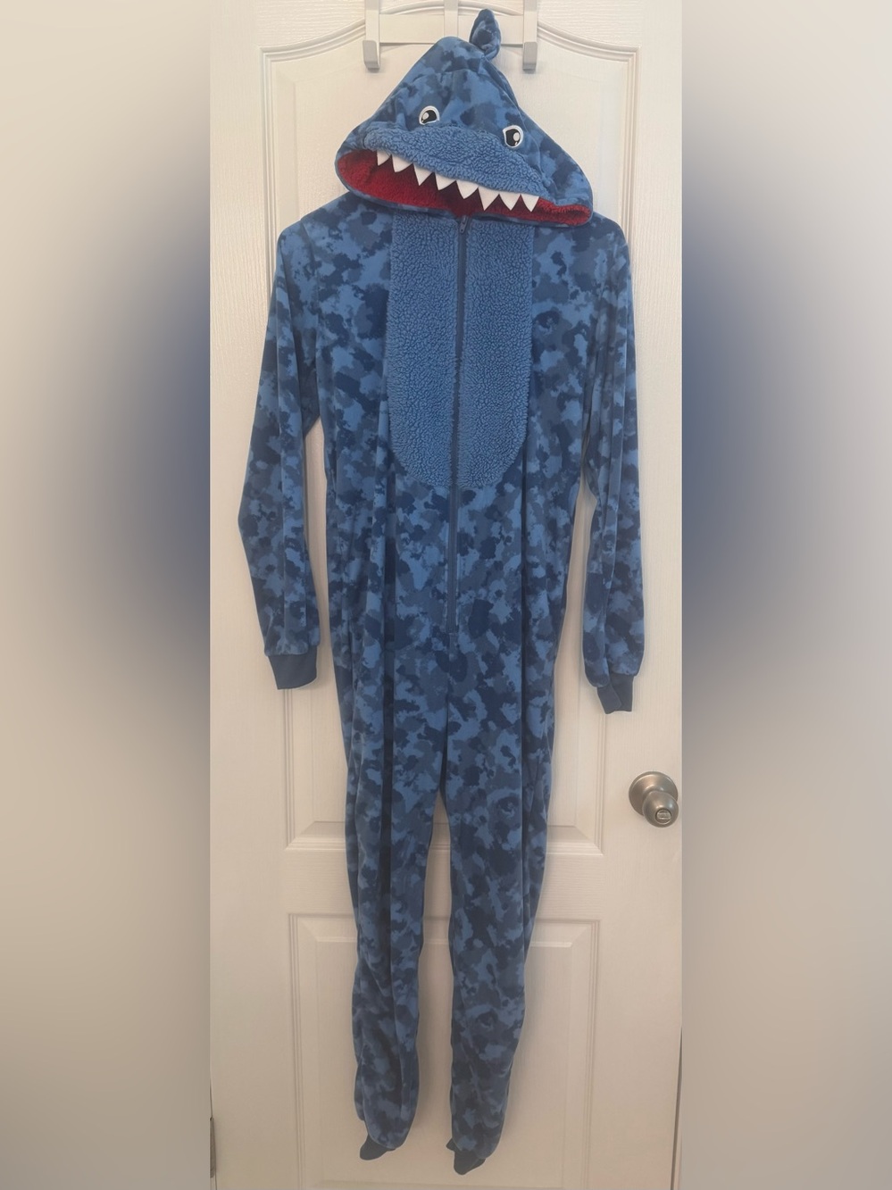 Blue Shark Hooded Kids One-Piece Pajamas